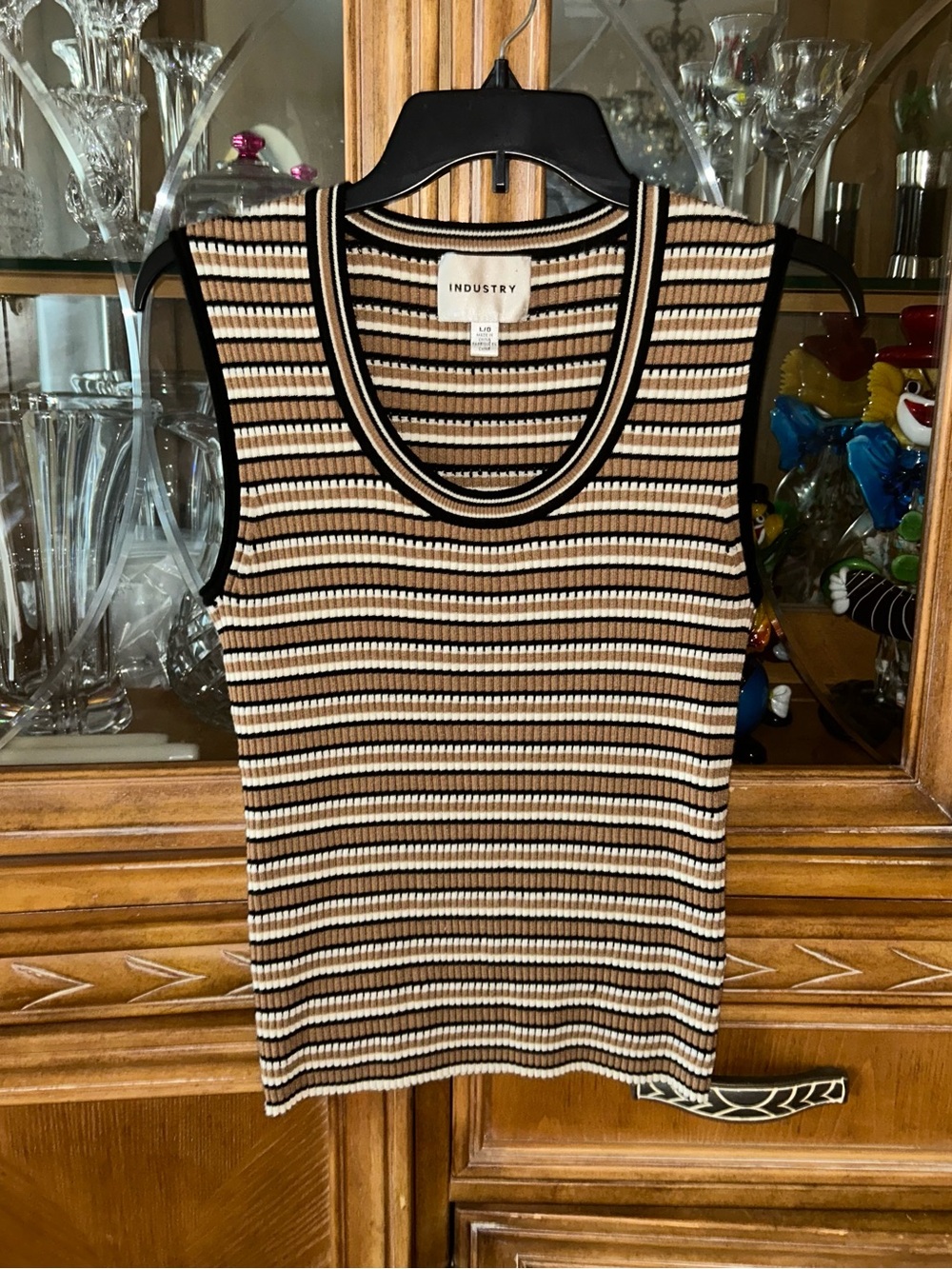 Industry Striped Ribbed Tank in Black, Cream & Tan